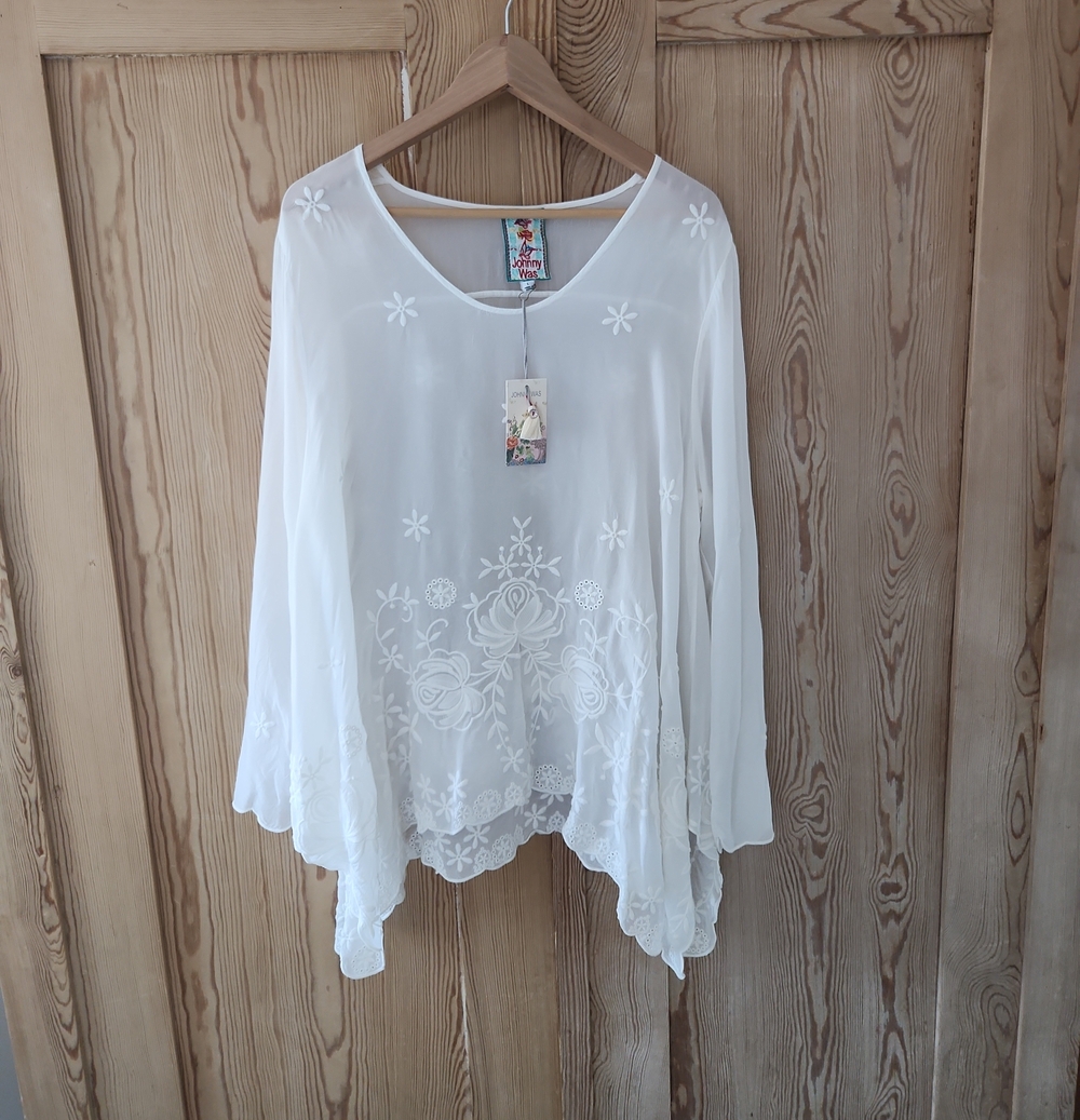 Johnny Was White Floral Sheer Embroidered Tunic
